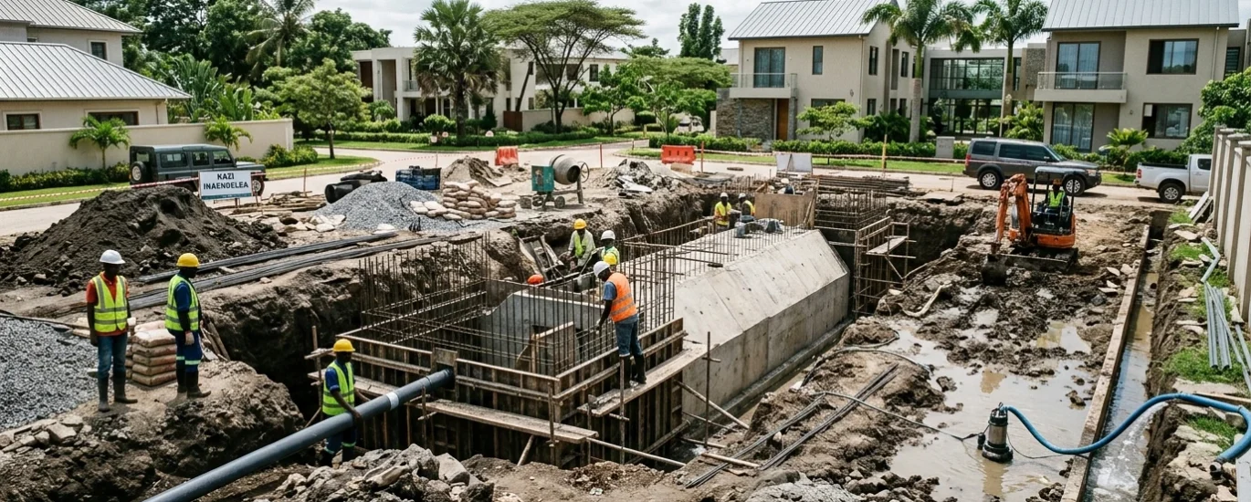 a professional biodigester wastewater-treatment installation at a modern Tanzanian property, showing technicians constructing a large underground biodigester system with excavated earth, drainage infrastructure and construction materials, subtle visual indication of a high-water-table excavation on one side.