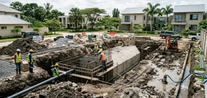 a professional biodigester wastewater-treatment installation at a modern Tanzanian property, showing technicians constructing a large underground biodigester system with excavated earth, drainage infrastructure and construction materials, subtle visual indication of a high-water-table excavation on one side.