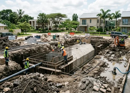 a professional biodigester wastewater-treatment installation at a modern Tanzanian property, showing technicians constructing a large underground biodigester system with excavated earth, drainage infrastructure and construction materials, subtle visual indication of a high-water-table excavation on one side.