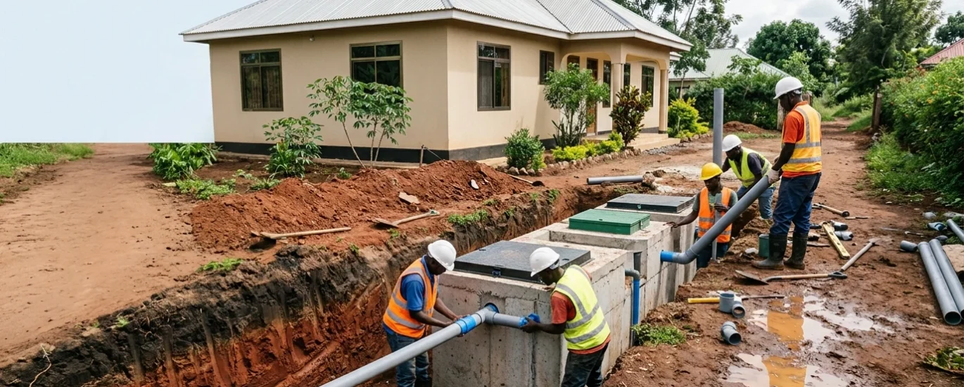 a professional construction team installing a modern underground biodigester beside a newly built home, with a partially excavated trench, visible soil layers, wastewater pipe connections and the biodigester installation area. Including natural Tanzanian landscaping and subtle signs of recently wet ground, without showing sewage or unsanitary conditions.