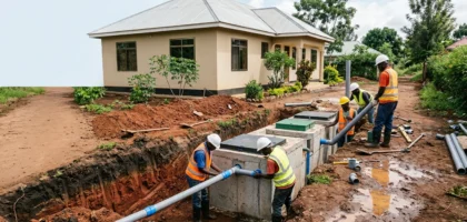 a professional construction team installing a modern underground biodigester beside a newly built home, with a partially excavated trench, visible soil layers, wastewater pipe connections and the biodigester installation area. Including natural Tanzanian landscaping and subtle signs of recently wet ground, without showing sewage or unsanitary conditions.