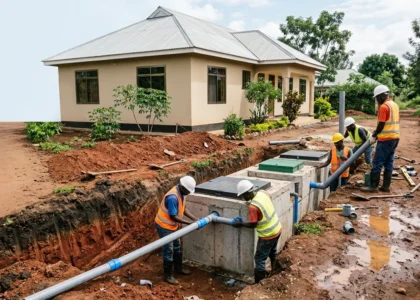 a professional construction team installing a modern underground biodigester beside a newly built home, with a partially excavated trench, visible soil layers, wastewater pipe connections and the biodigester installation area. Including natural Tanzanian landscaping and subtle signs of recently wet ground, without showing sewage or unsanitary conditions.